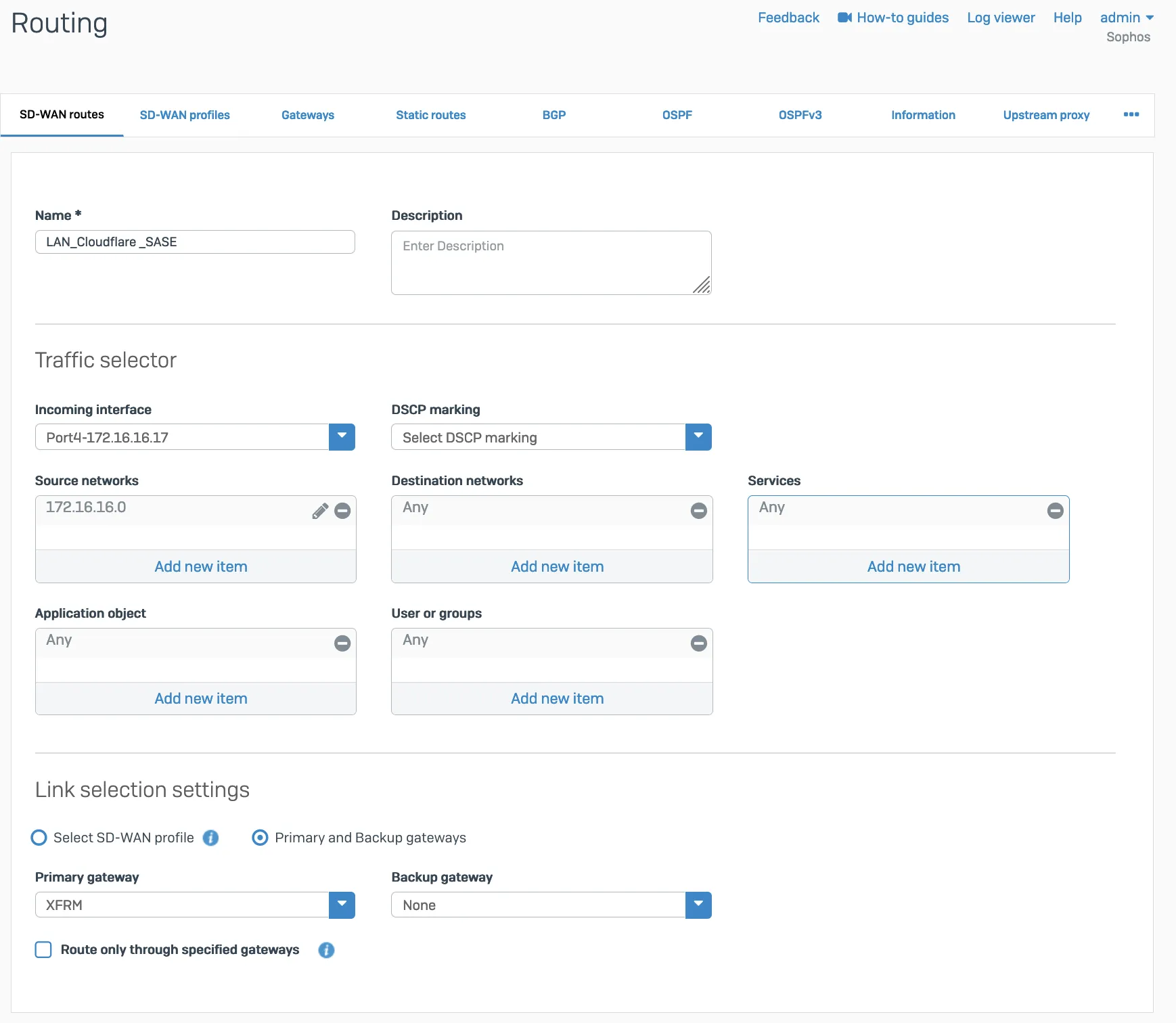 Go to SD-WAN to add the desired networks and services in the route.