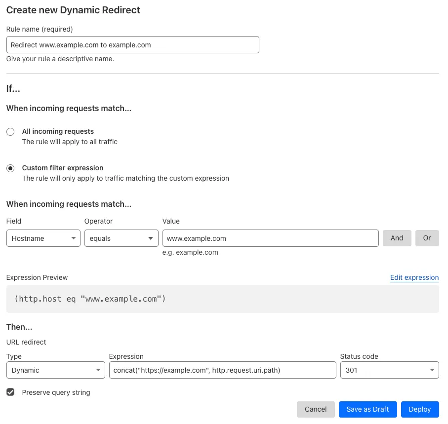 Single redirect matching the 'Forwarding URL' setting of the example Page Rule #1