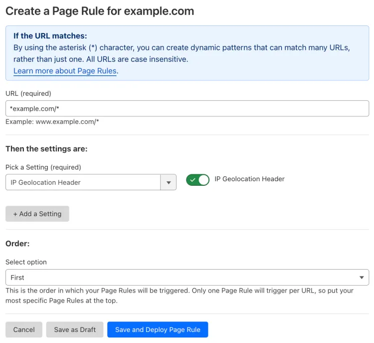 Example Page Rule with 'IP Geolocation Header' setting